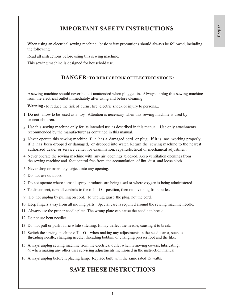 Save these instructions, Important safety instructions, Danger | Euro-Pro 372  EN User Manual | Page 2 / 21