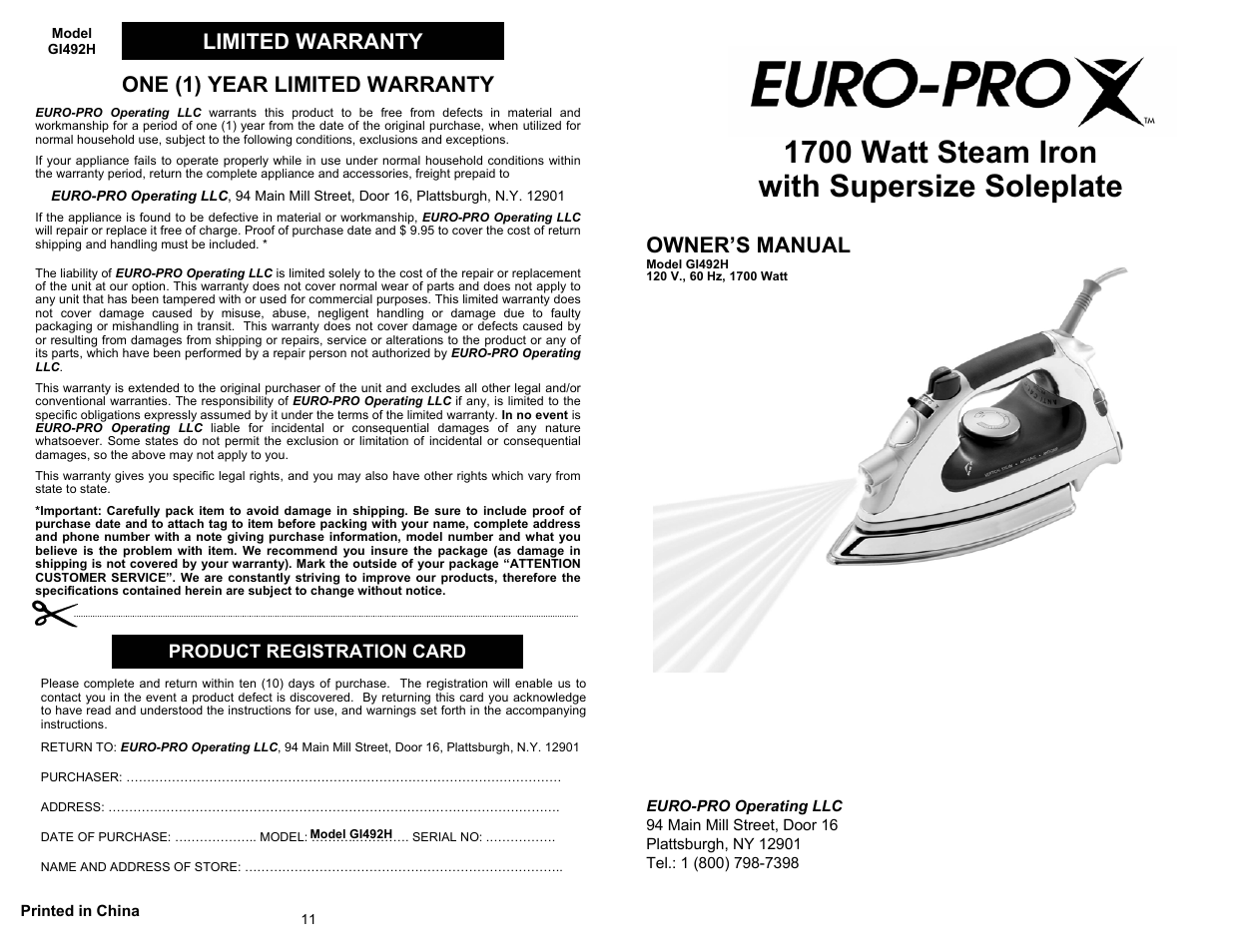 Euro-Pro GI492H User Manual | 6 pages