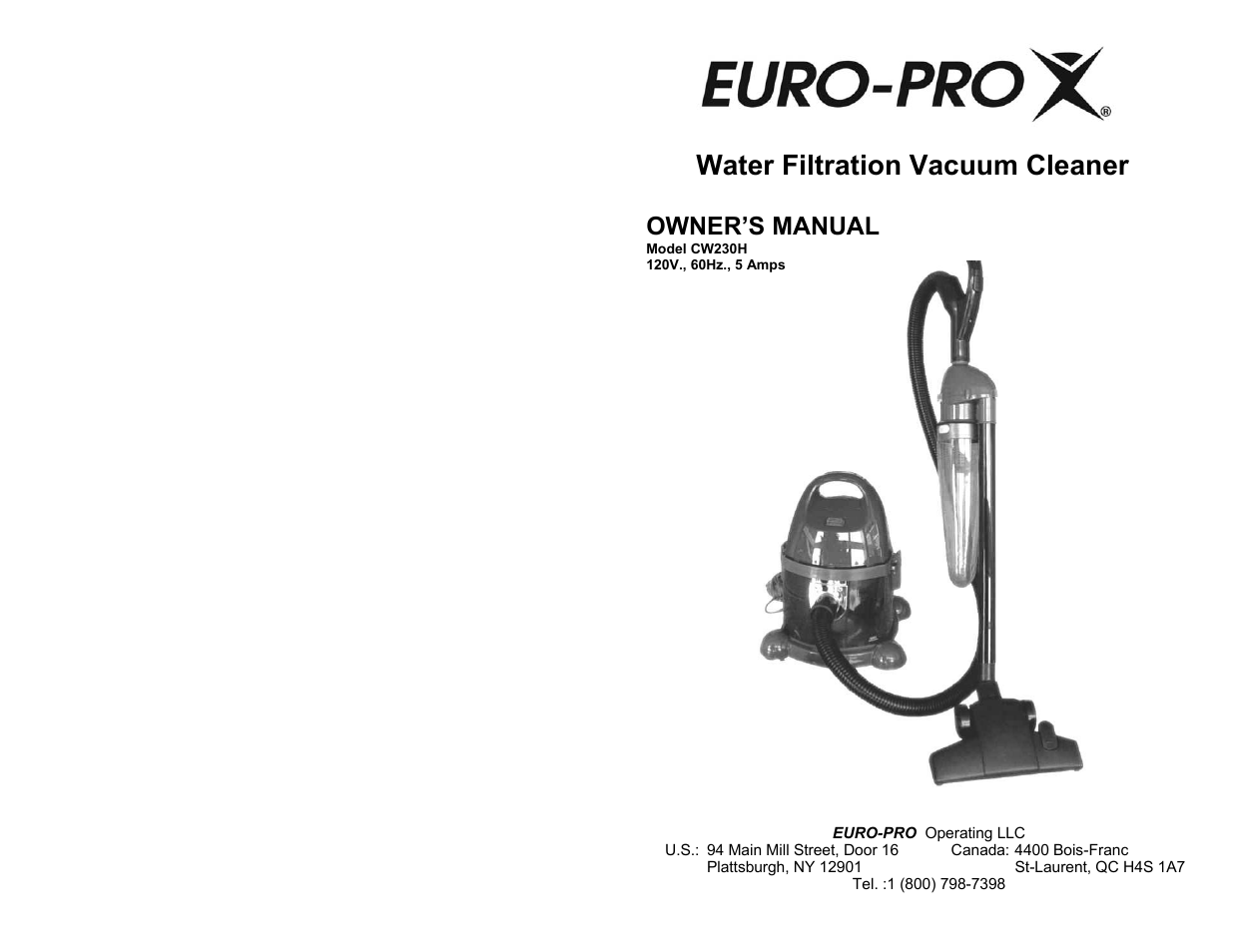 Euro-Pro WATER FILTRATION VACUUM CLEANER CW230H User Manual | 6 pages