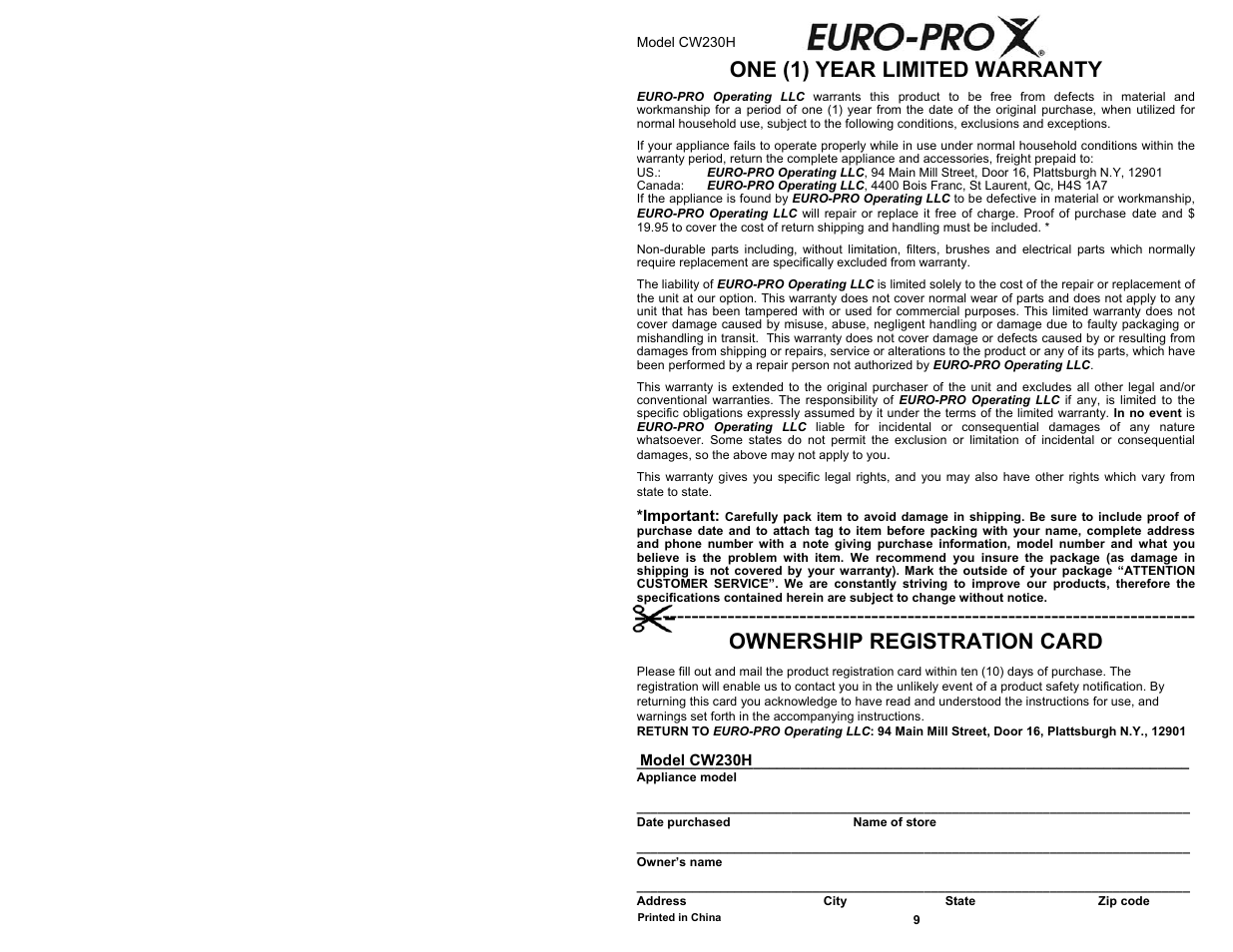 One (1) year limited warranty, Ownership registration card | Euro-Pro WATER FILTRATION VACUUM CLEANER CW230H User Manual | Page 2 / 6