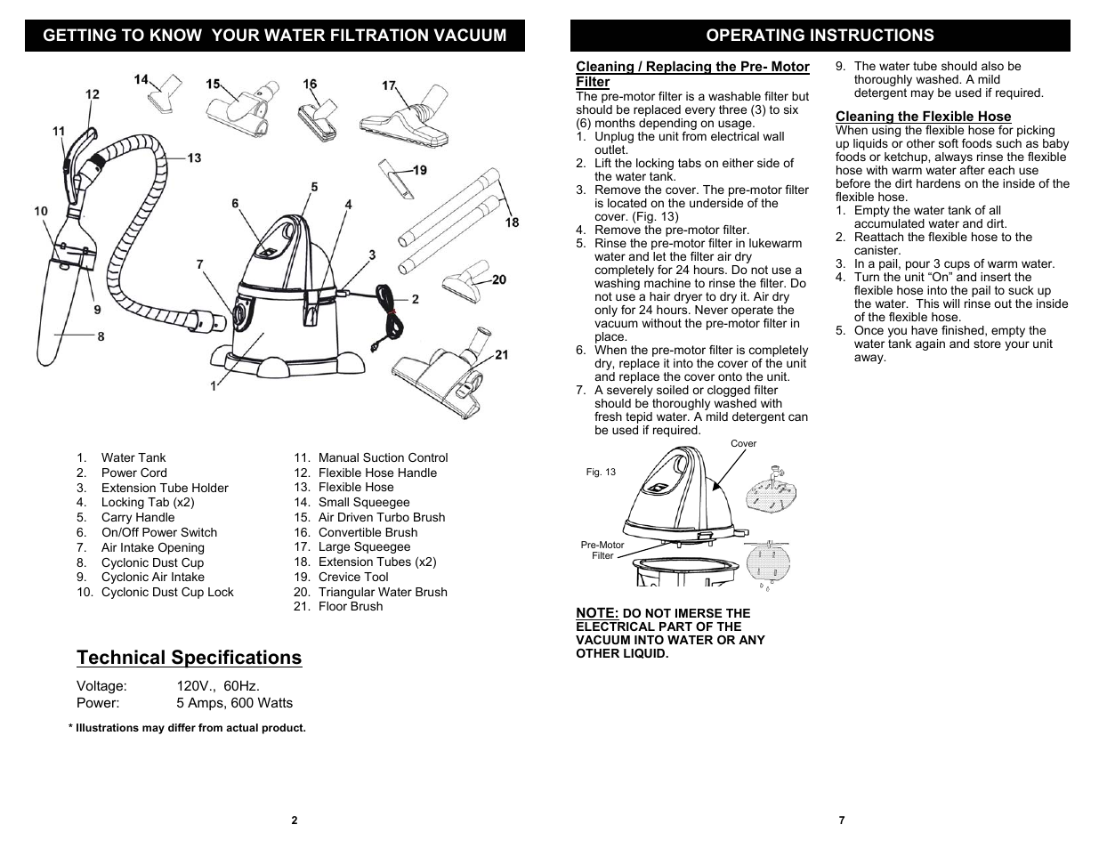 Technical specifications | Euro-Pro WATER FILTRATION VACUUM CLEANER CW230H User Manual | Page 4 / 6