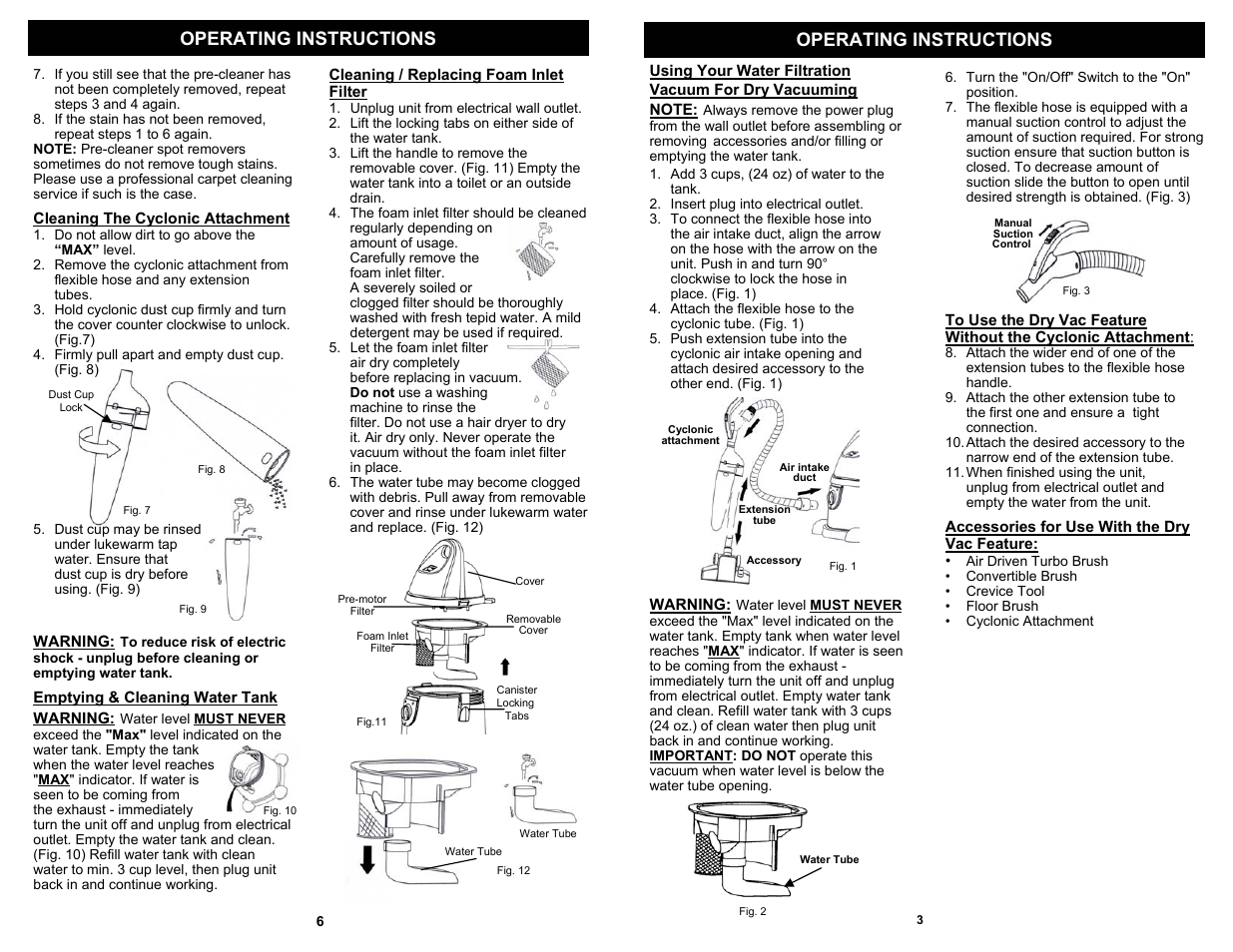 Operating instructions | Euro-Pro WATER FILTRATION VACUUM CLEANER CW230H User Manual | Page 5 / 6