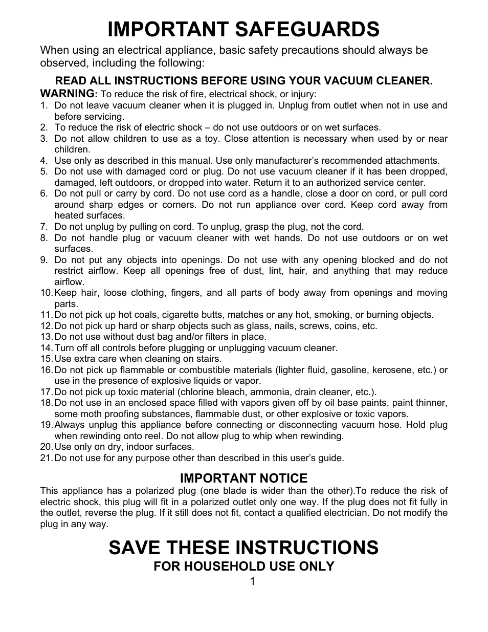 Important safeguards, Save these instructions, Important notice | For household use only | Euro-Pro THE SHARK PLUS EP3005 User Manual | Page 2 / 12