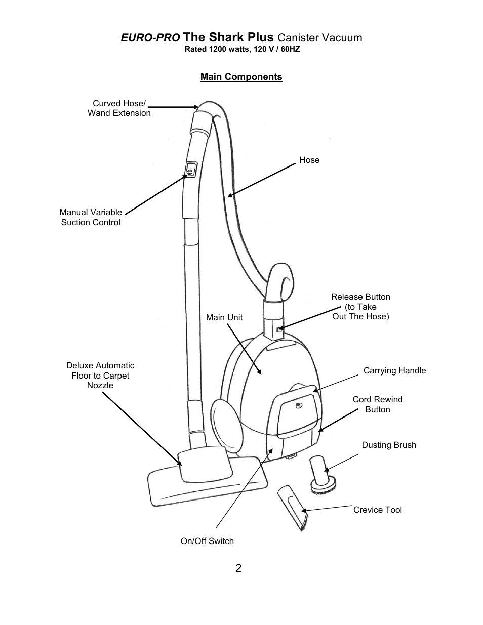 The shark plus, Euro-pro, Canister vacuum | Euro-Pro THE SHARK PLUS EP3005 User Manual | Page 3 / 12