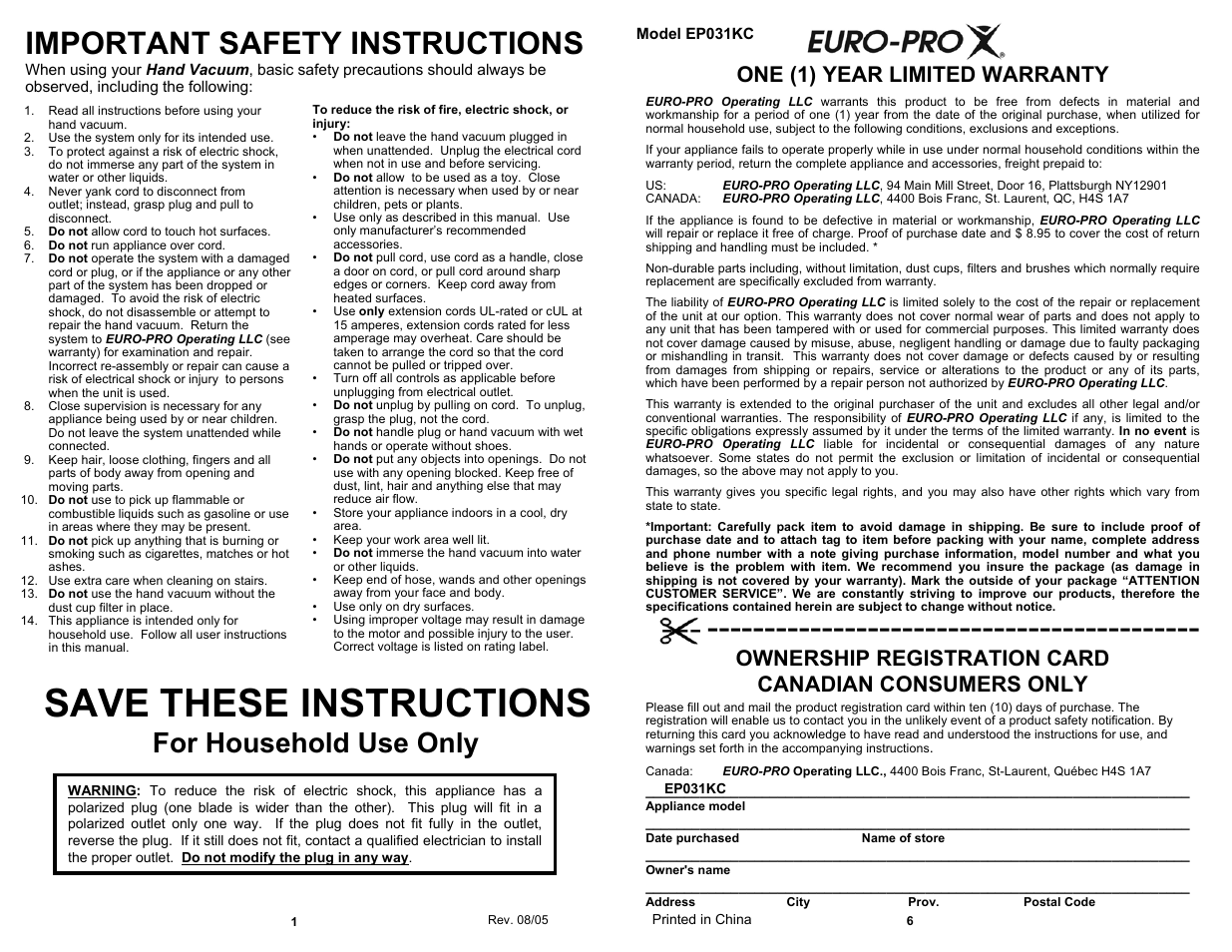 Save these instructions, Important safety instructions, For household use only | One (1) year limited warranty | Euro-Pro MINI SHARK EP031KC User Manual | Page 2 / 4