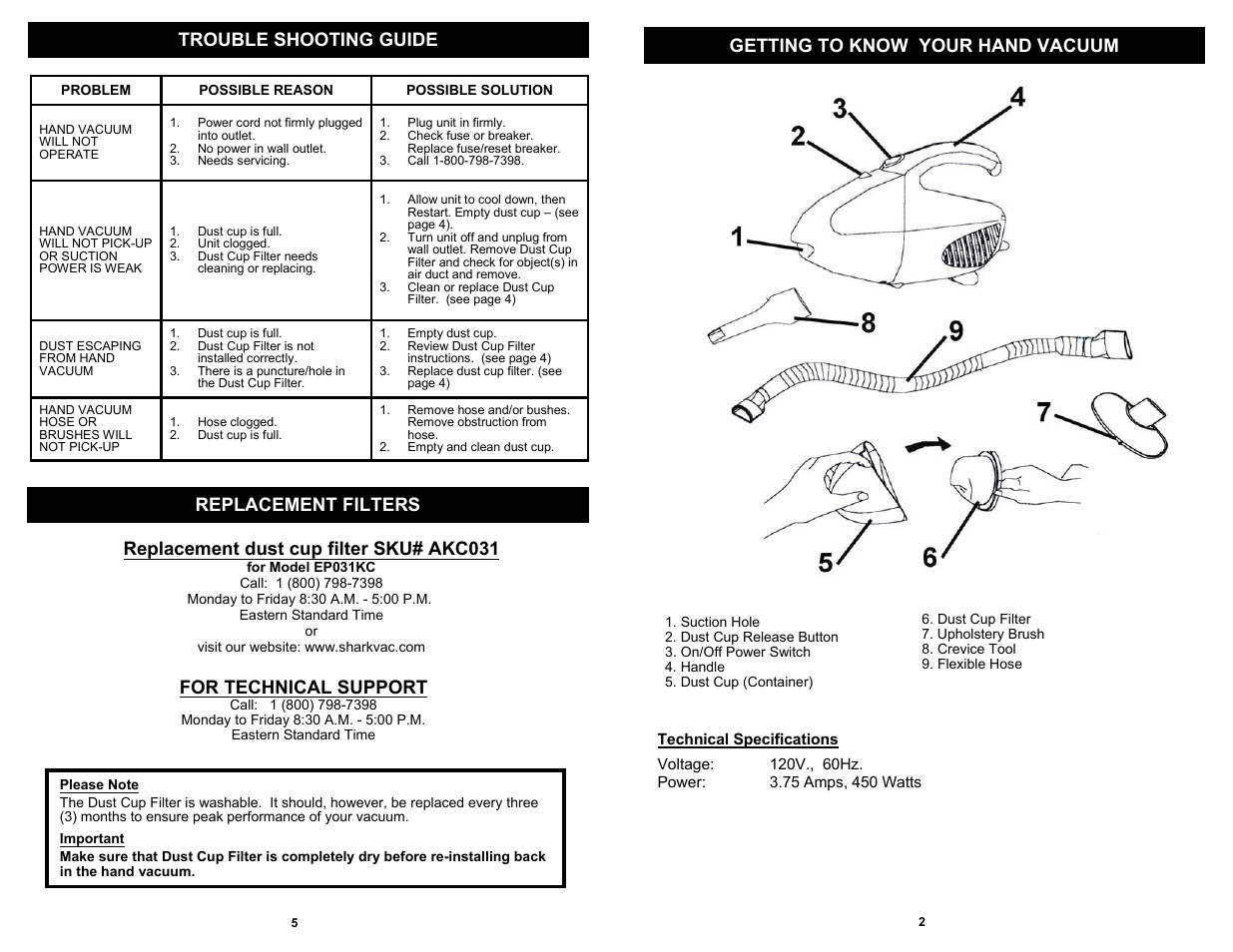 For technical support | Euro-Pro MINI SHARK EP031KC User Manual | Page 3 / 4