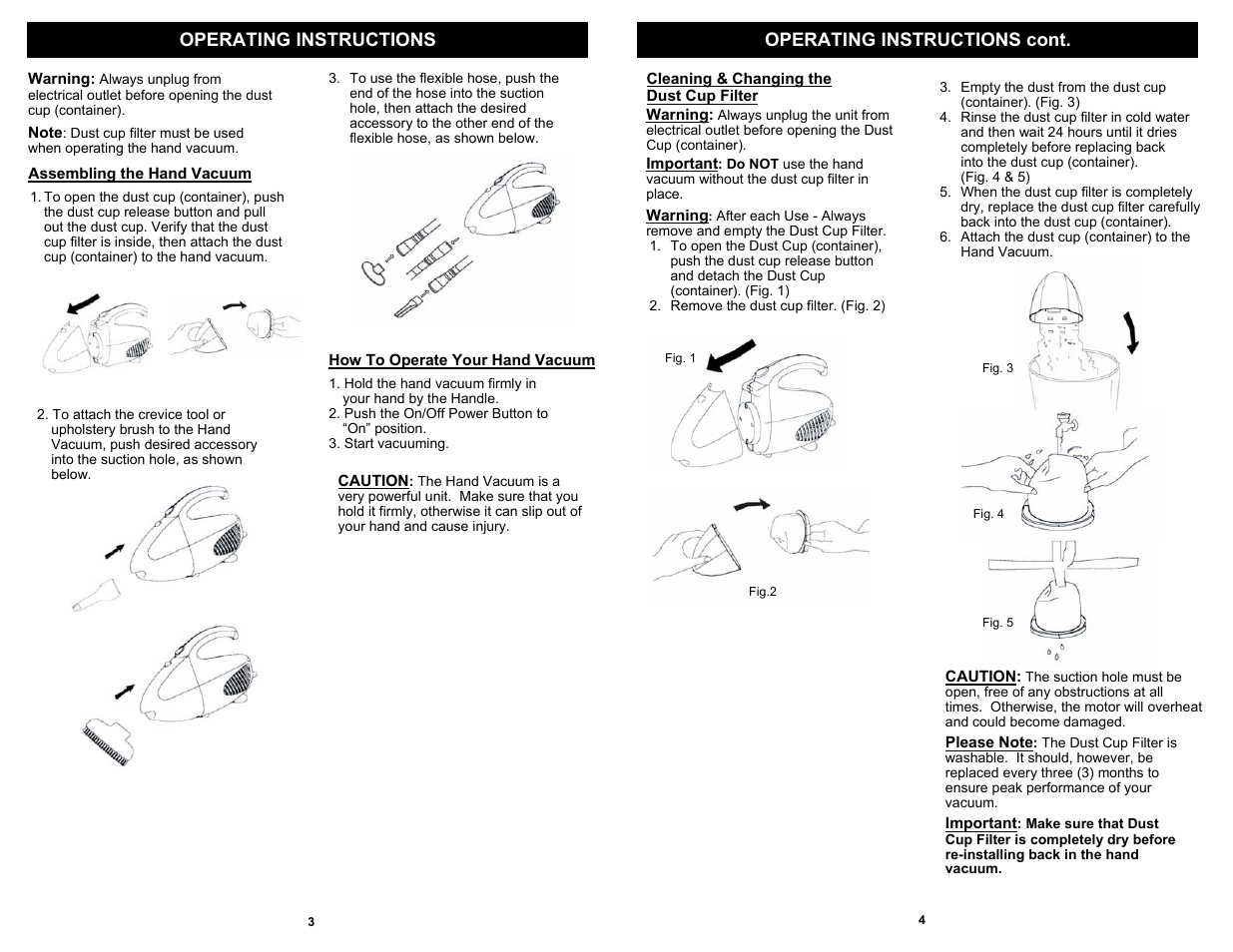 Operating instructions operating instructions cont | Euro-Pro MINI SHARK EP031KC User Manual | Page 4 / 4