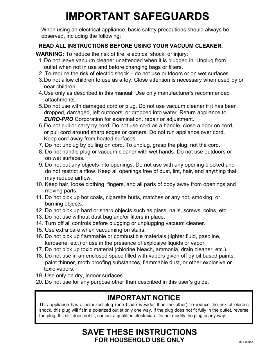 Important safeguards, Save these instructions, Important notice | Euro-Pro EP700 User Manual | Page 2 / 8