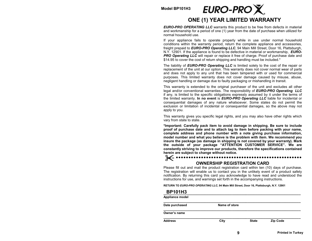 One (1) year limited warranty, Bp101h3 | Euro-Pro BP101H3 User Manual | Page 2 / 6