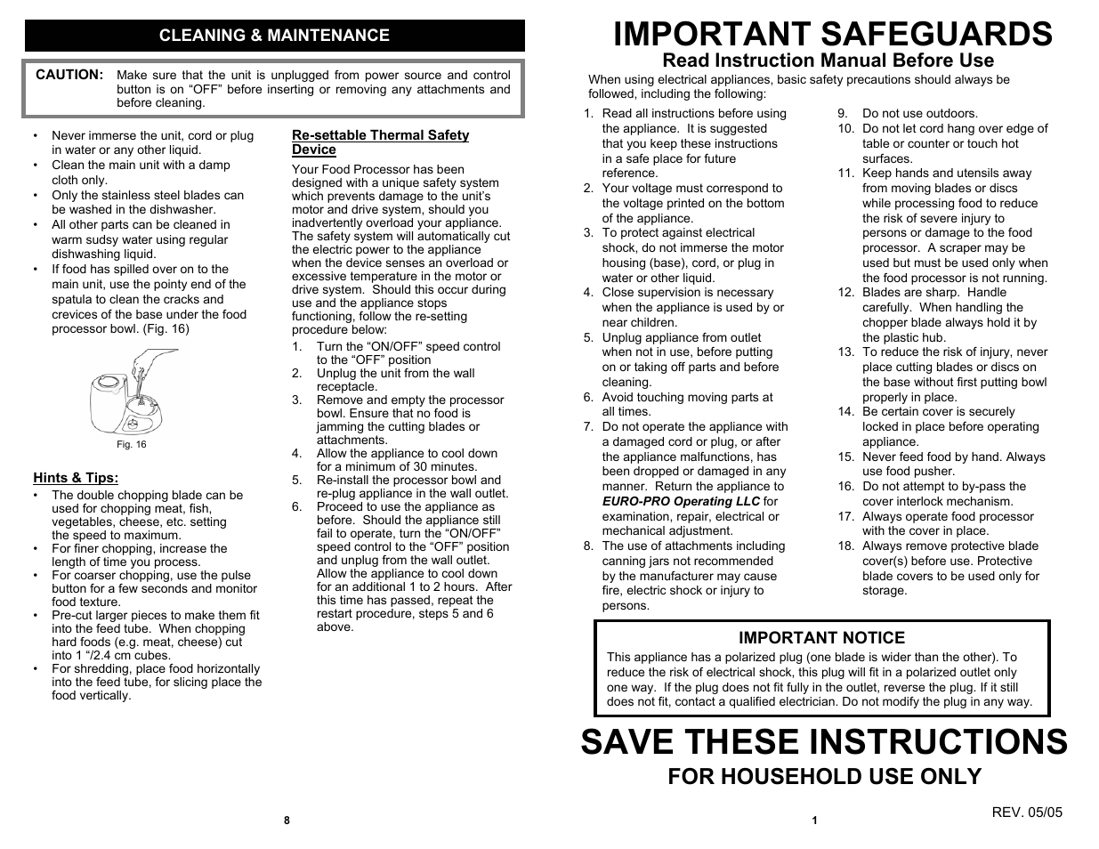 Save these instructions, Important safeguards, For household use only | Read instruction manual before use, Cleaning & maintenance, Important notice | Euro-Pro BP101H3 User Manual | Page 3 / 6