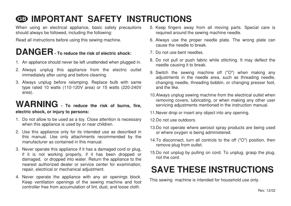 Danger save these instructions, Warning, Important safety instructions | Euro-Pro 6130A LCD User Manual | Page 2 / 108