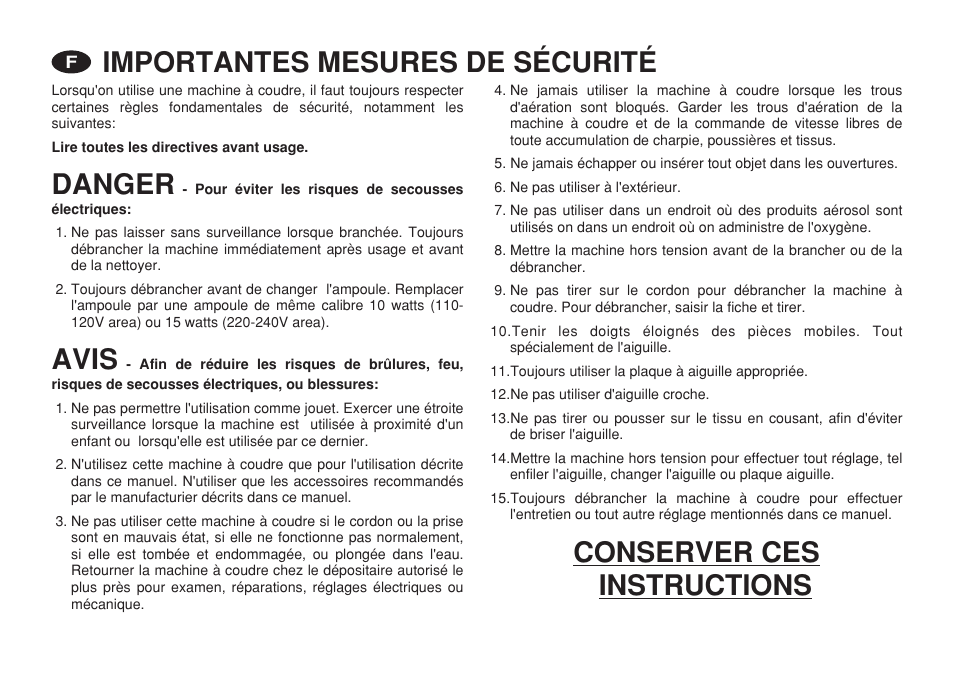 Danger avis conserver ces instructions, Importantes mesures de sécurité | Euro-Pro 6130A LCD User Manual | Page 4 / 108