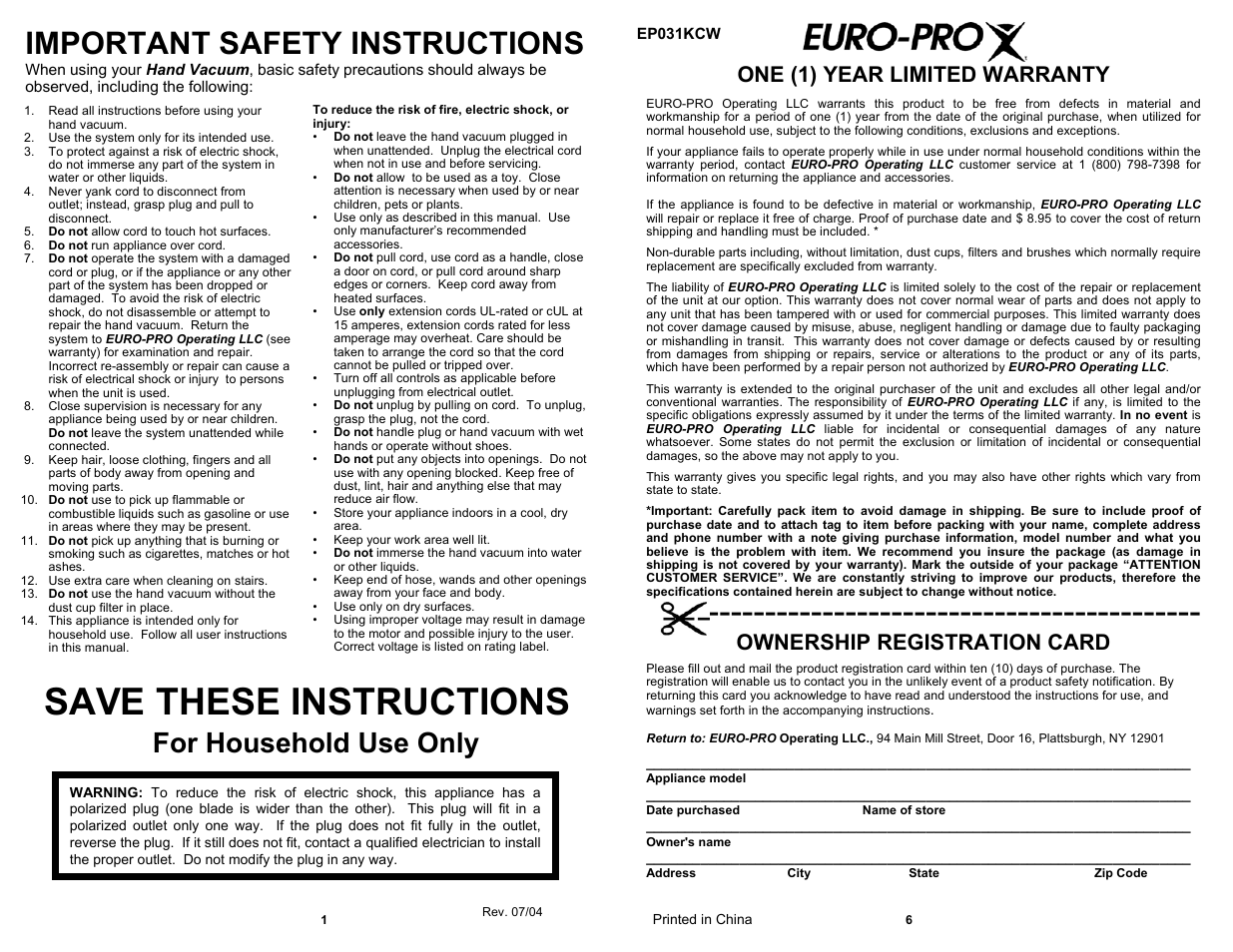 Save these instructions, Important safety instructions, For household use only | One (1) year limited warranty, Ownership registration card | Euro-Pro EP031KCW User Manual | Page 2 / 4