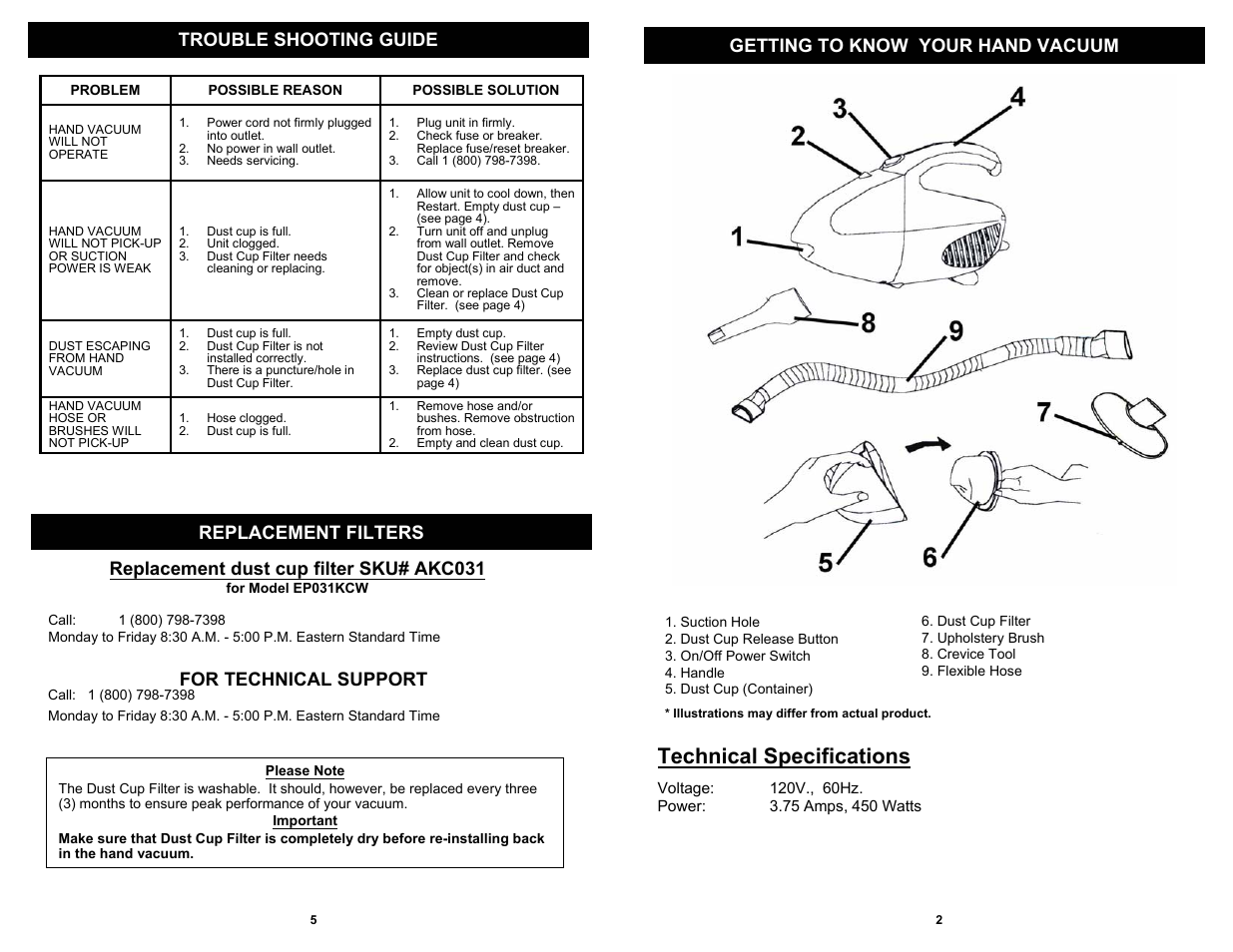 Technical specifications, For technical support | Euro-Pro EP031KCW User Manual | Page 3 / 4