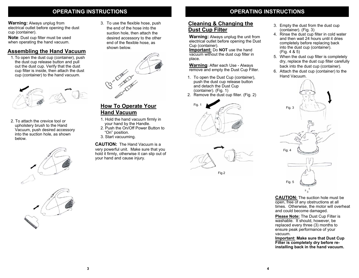 Operating instructions, Cleaning & changing the dust cup filter, Assembling the hand vacuum | How to operate your hand vacuum | Euro-Pro EP031KCW User Manual | Page 4 / 4