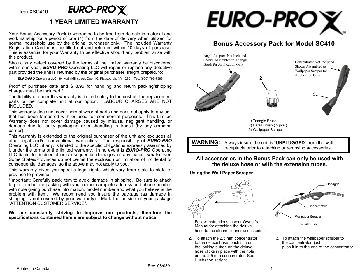 Euro-Pro XSC410 User Manual | 2 pages