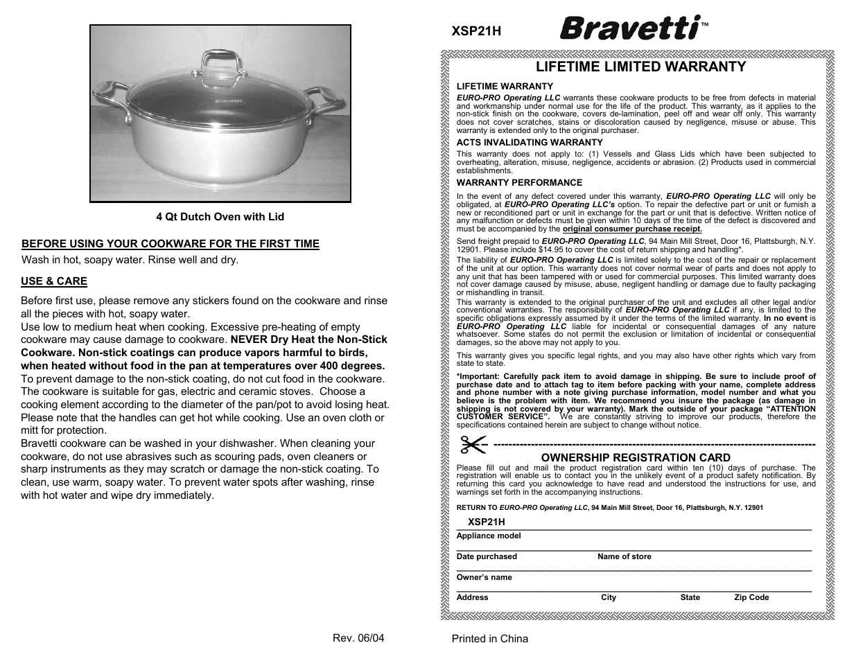 Lifetime limited warranty, Xsp21h | Euro-Pro XSP21H User Manual | Page 2 / 2