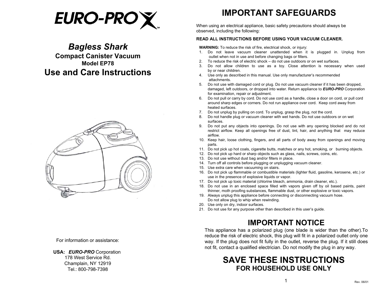 Euro-Pro BAGLESS SHARK EP78 User Manual | 7 pages