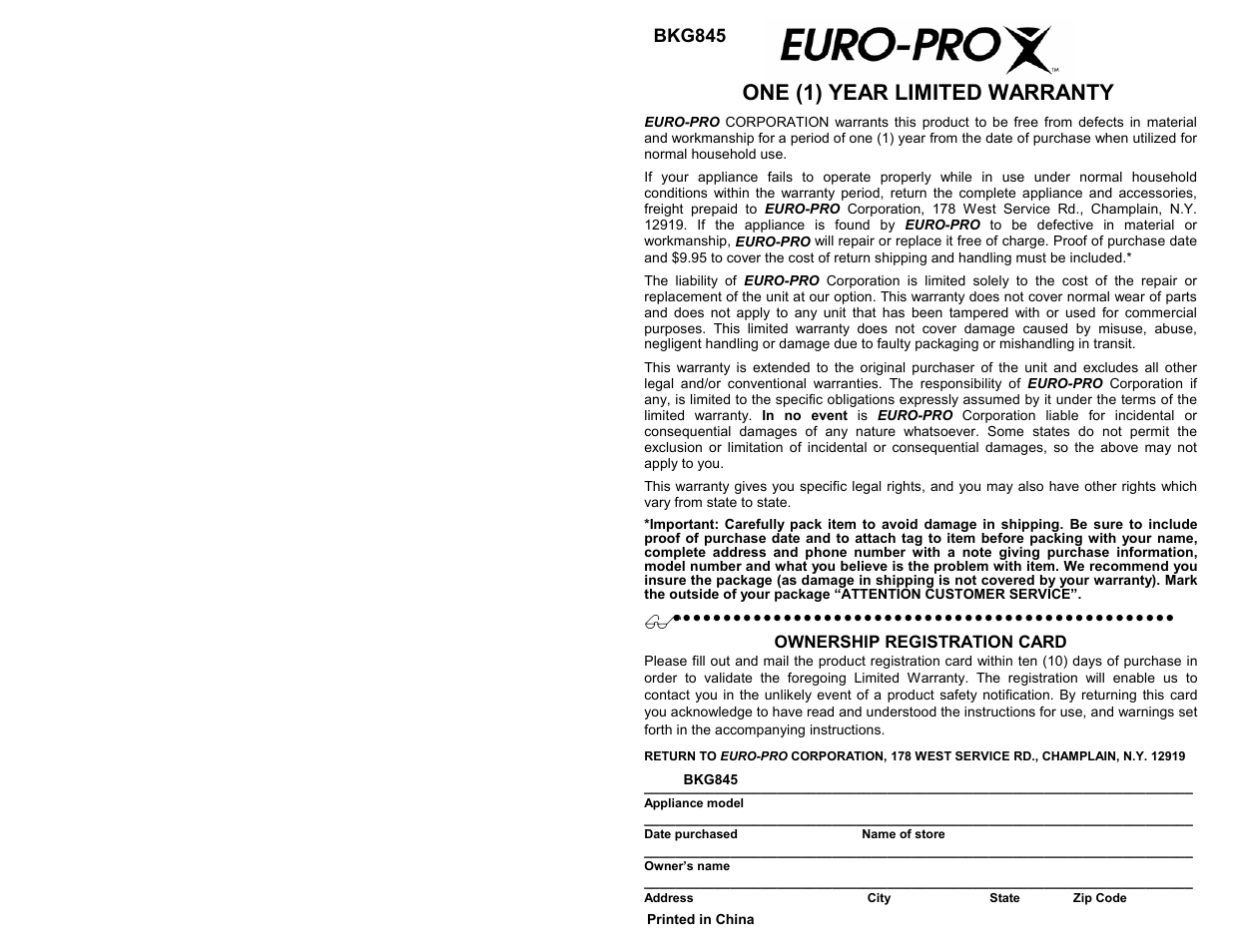 One (1) year limited warranty | Euro-Pro BKG845 User Manual | Page 2 / 6