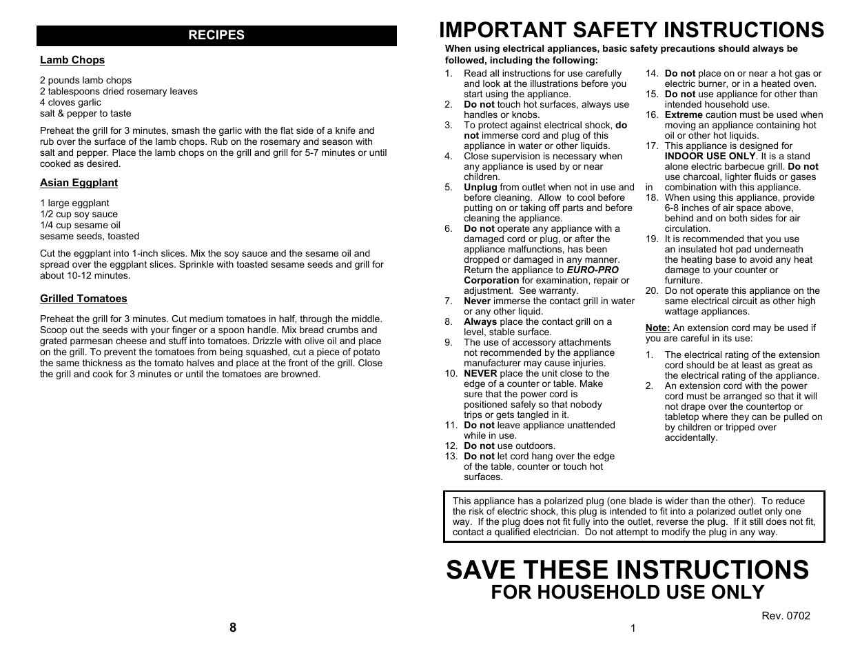 Save these instructions, Important safety instructions, For household use only | Euro-Pro BKG845 User Manual | Page 3 / 6