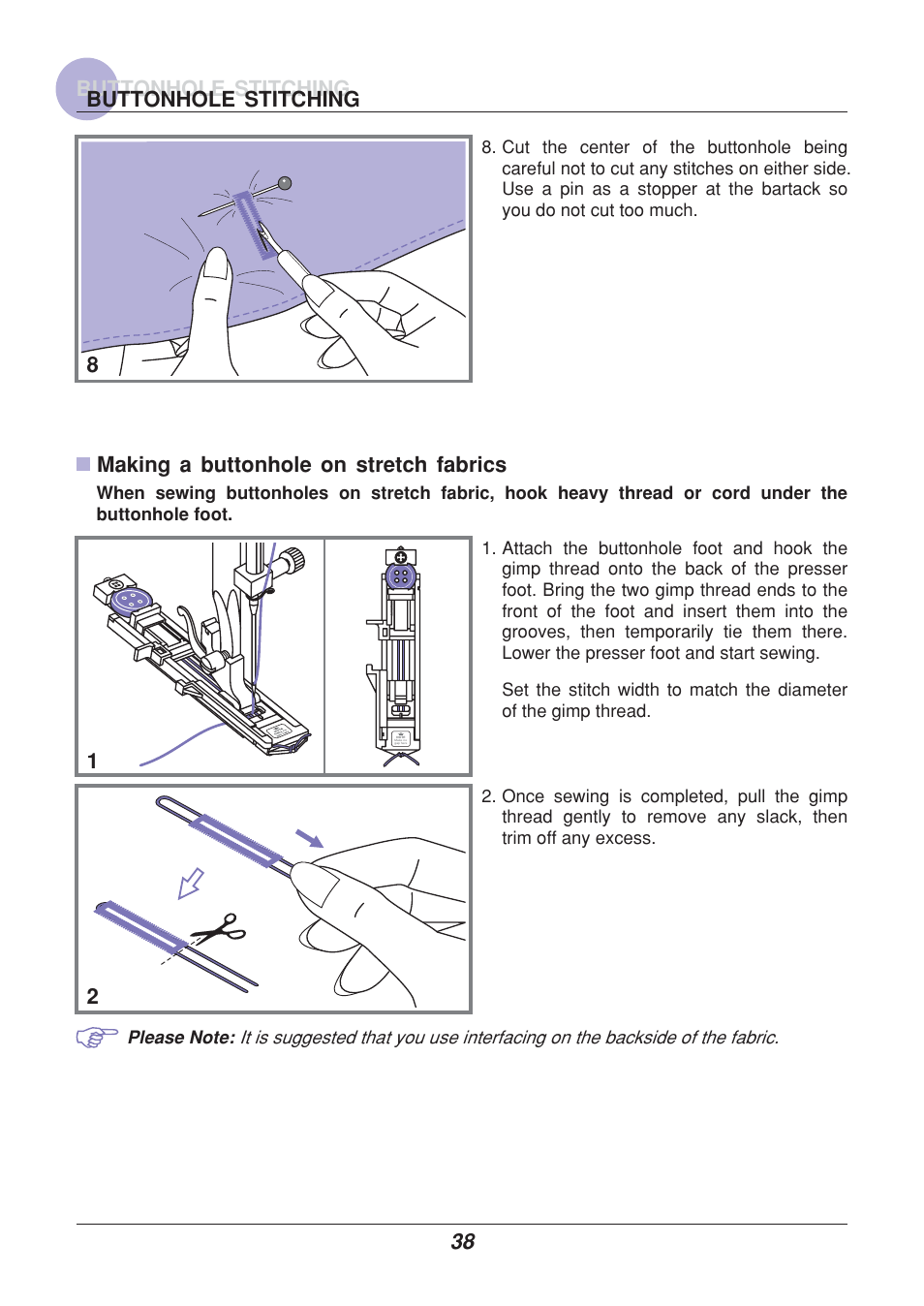 38 buttonhole stitching buttonhole stitching, Making a buttonhole on stretch fabrics 2 1 | Euro-Pro 9110 User Manual | Page 43 / 79