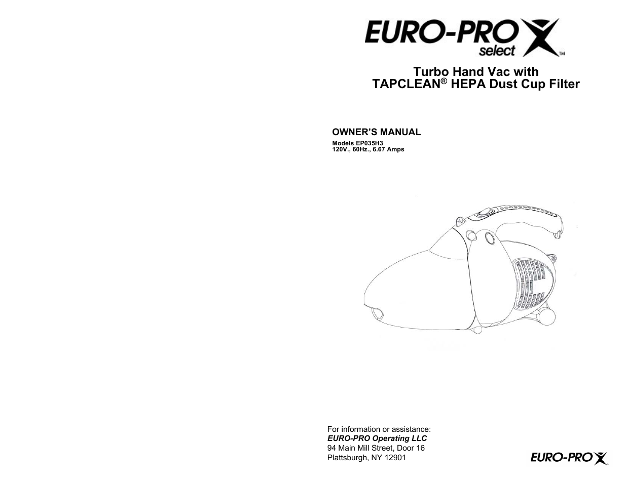 Euro-Pro TAPCLEAN HEPA EP035H3 User Manual | 6 pages