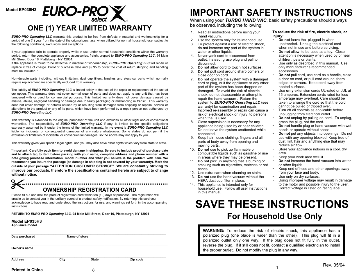 Save these instructions, Important safety instructions, For household use only | One (1) year limited warranty, Ownership registration card | Euro-Pro TAPCLEAN HEPA EP035H3 User Manual | Page 3 / 6