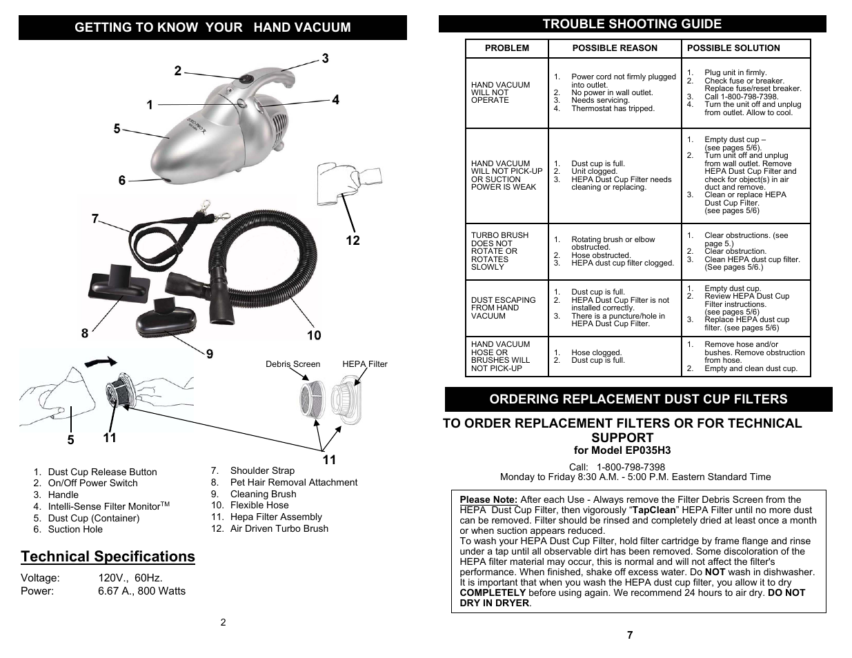 Technical specifications | Euro-Pro TAPCLEAN HEPA EP035H3 User Manual | Page 4 / 6