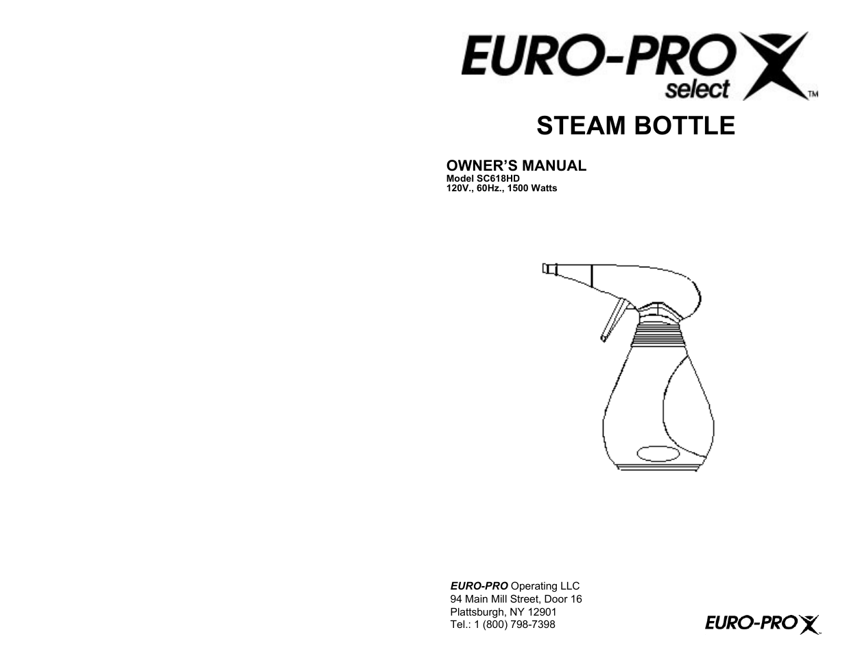 Euro-Pro STEAM BOTTLE SC618HD User Manual | 6 pages