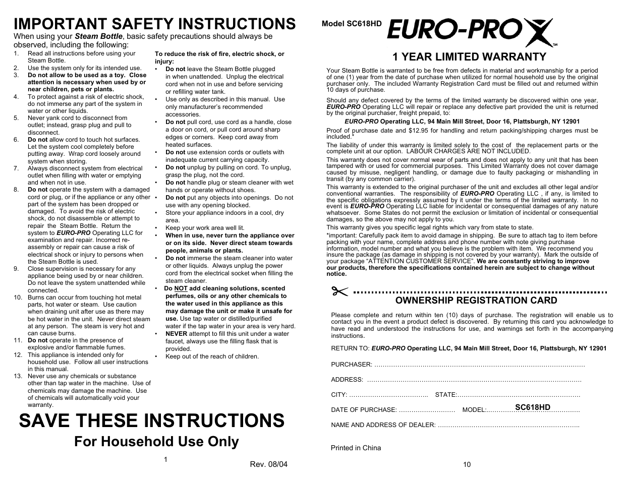 Save these instructions, Important safety instructions, For household use only | 1 year limited warranty, Ownership registration card | Euro-Pro STEAM BOTTLE SC618HD User Manual | Page 2 / 6