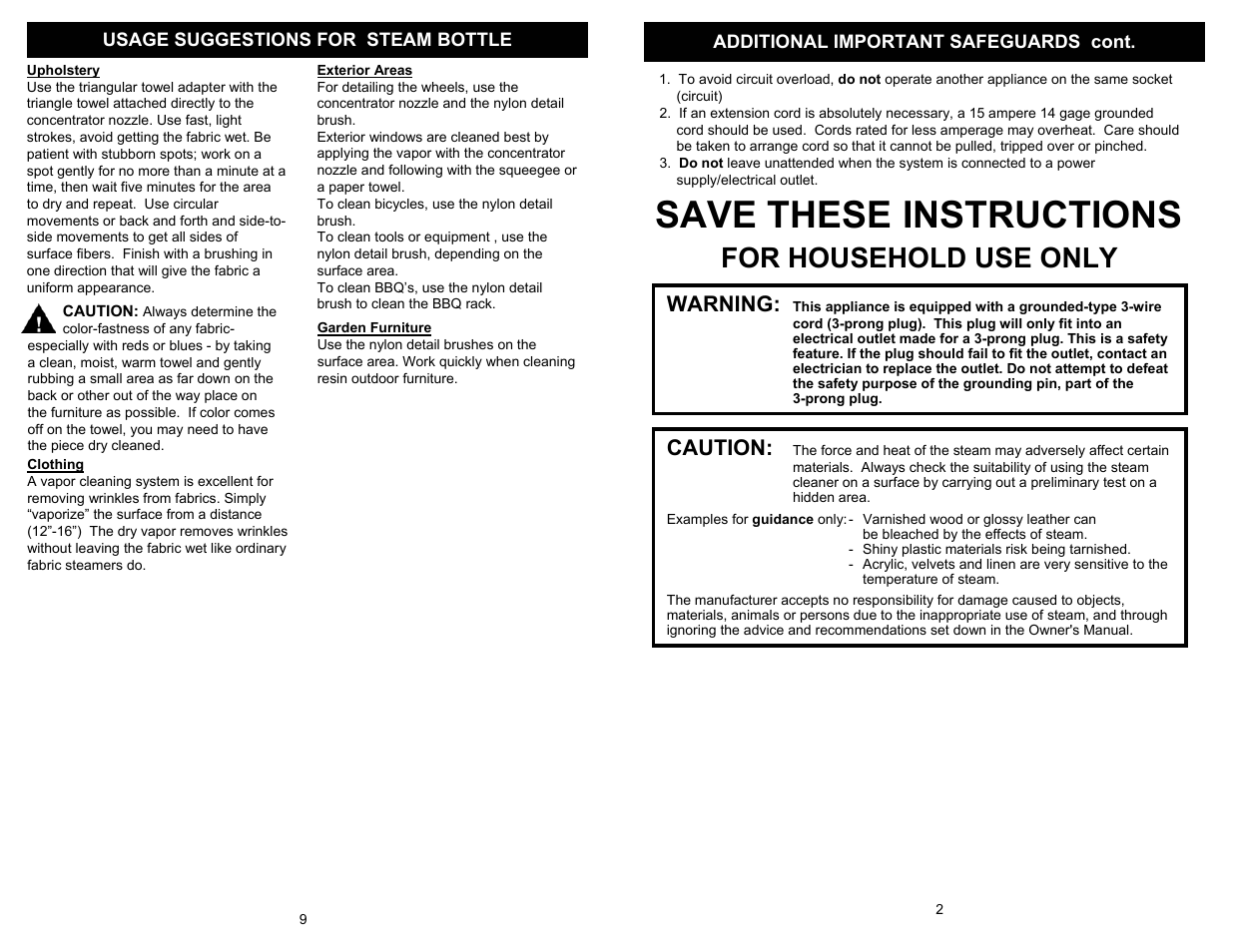 Save these instructions, For household use only, Warning | Caution | Euro-Pro STEAM BOTTLE SC618HD User Manual | Page 3 / 6