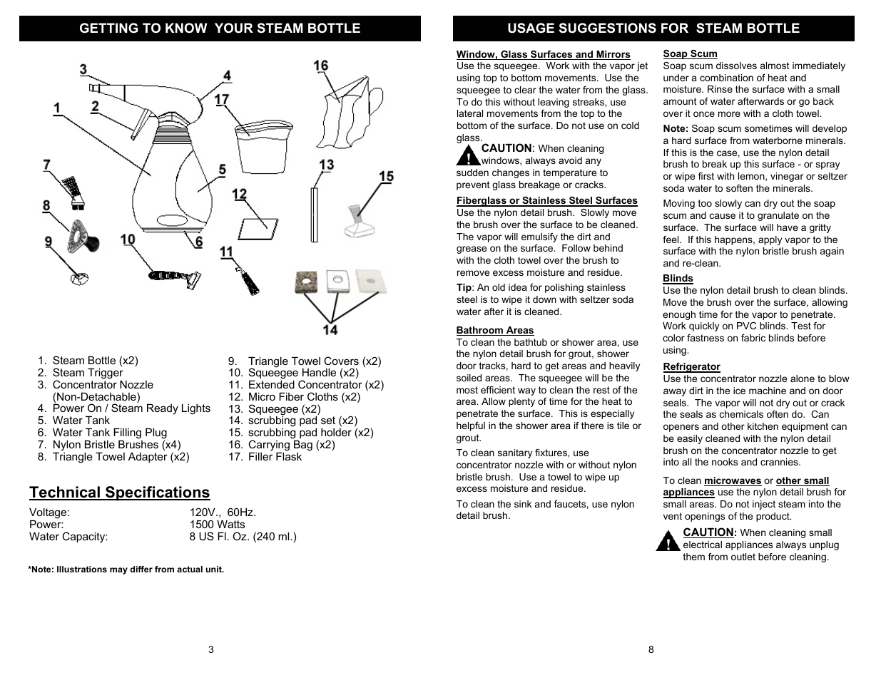 Technical specifications | Euro-Pro STEAM BOTTLE SC618HD User Manual | Page 4 / 6