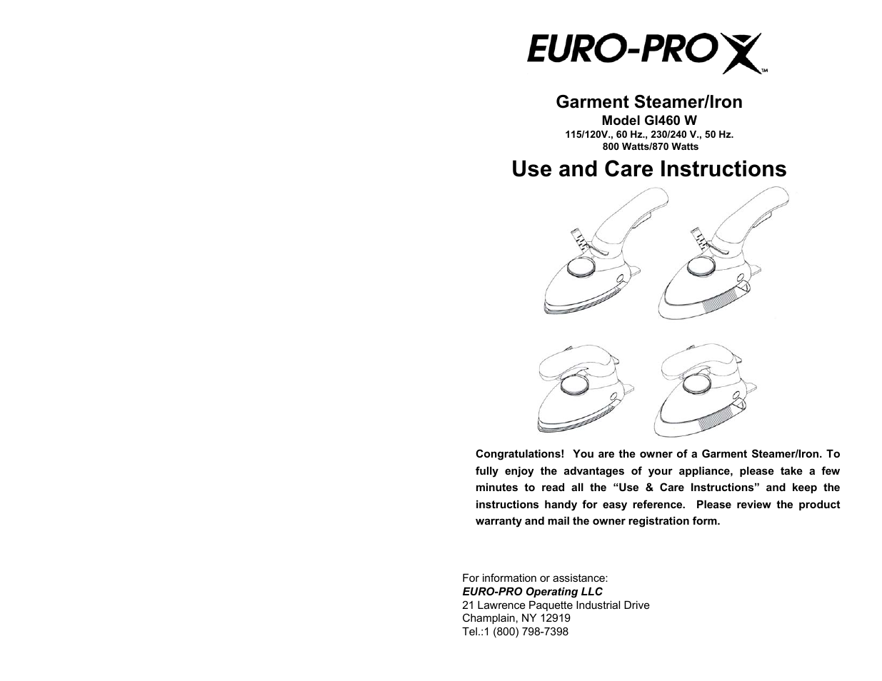 Euro-Pro GI460 W User Manual | 6 pages