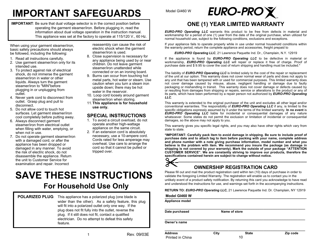 Important safeguards, Save these instructions, For household use only | One (1) year limited warranty, Ownership registration card, Special instructions | Euro-Pro GI460 W User Manual | Page 2 / 6