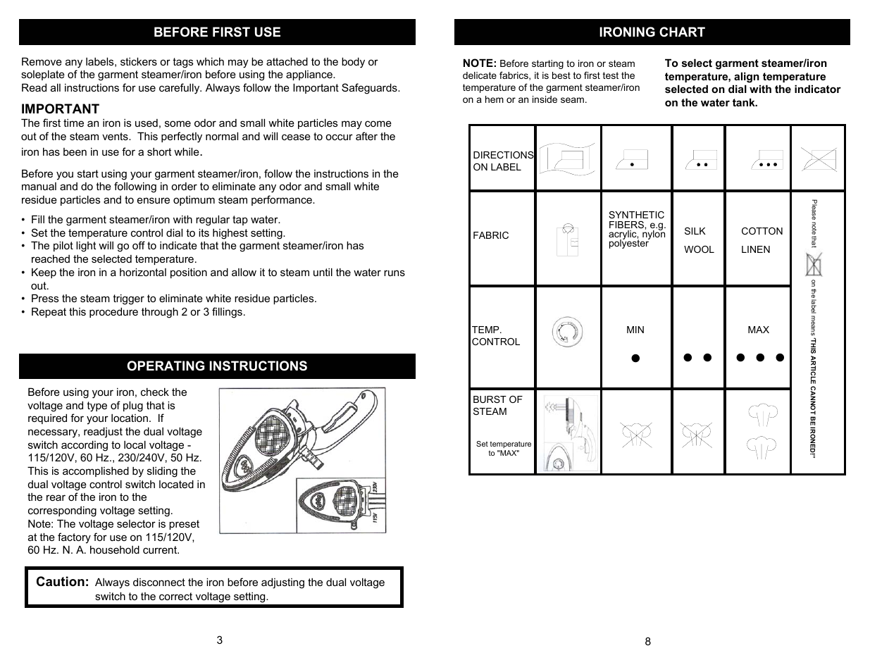 Before first use ironing chart, Important, Operating instructions | Caution | Euro-Pro GI460 W User Manual | Page 4 / 6