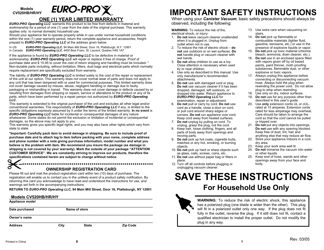 Save these instructions, Important safety instructions, For household use only | One (1) year limited warranty | Euro-Pro CV520HY User Manual | Page 3 / 6