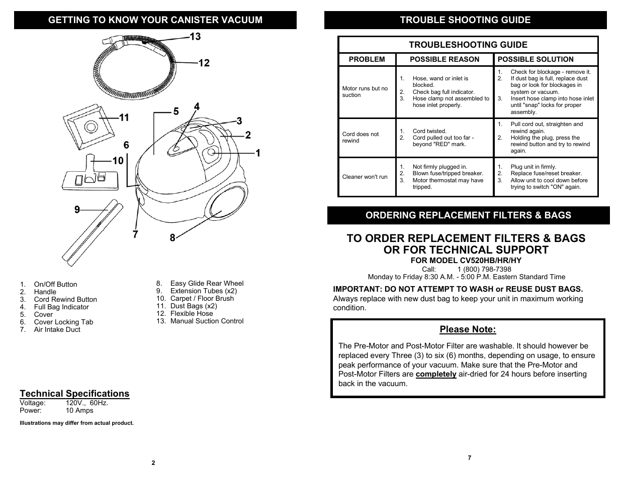 Ordering replacement filters & bags, Technical specifications | Euro-Pro CV520HY User Manual | Page 4 / 6