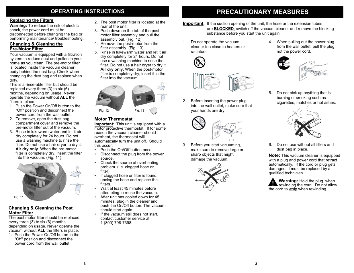 Precautionary measures, Operating instructions | Euro-Pro CV520HY User Manual | Page 5 / 6