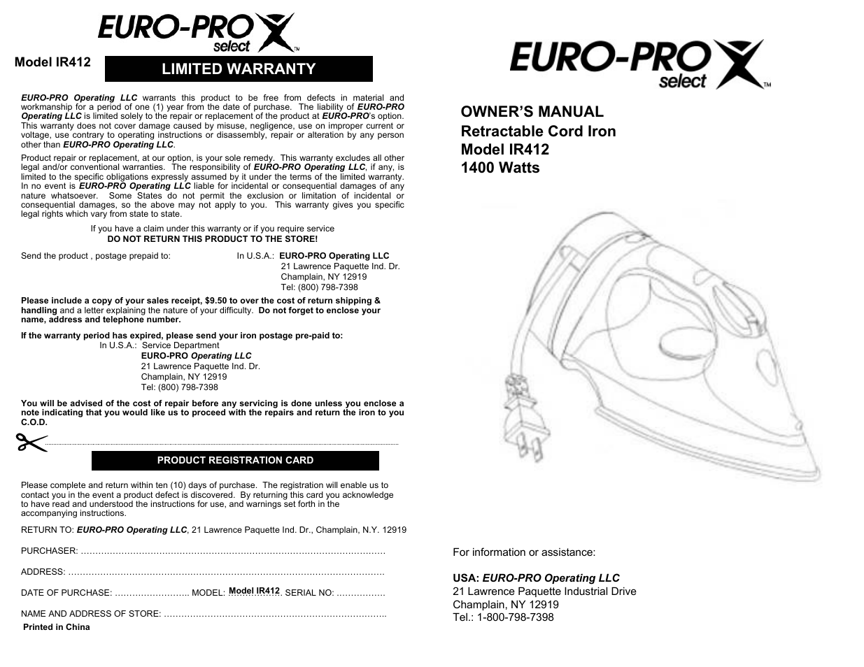 Euro-Pro EURO_PRO IR412 User Manual | 6 pages