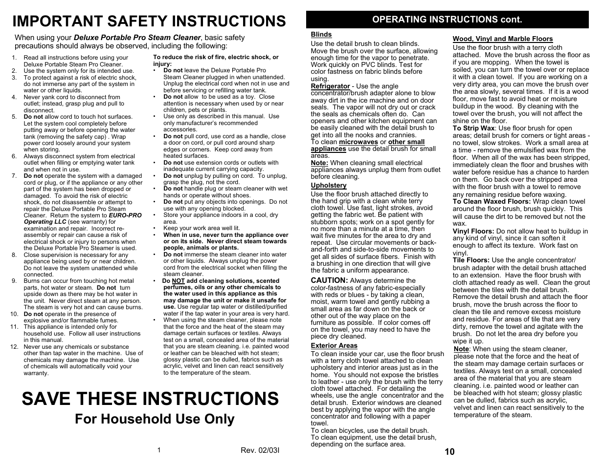 Save these instructions, Important safety instructions, For household use only | Operating instructions cont | Euro-Pro SC505H User Manual | Page 2 / 6