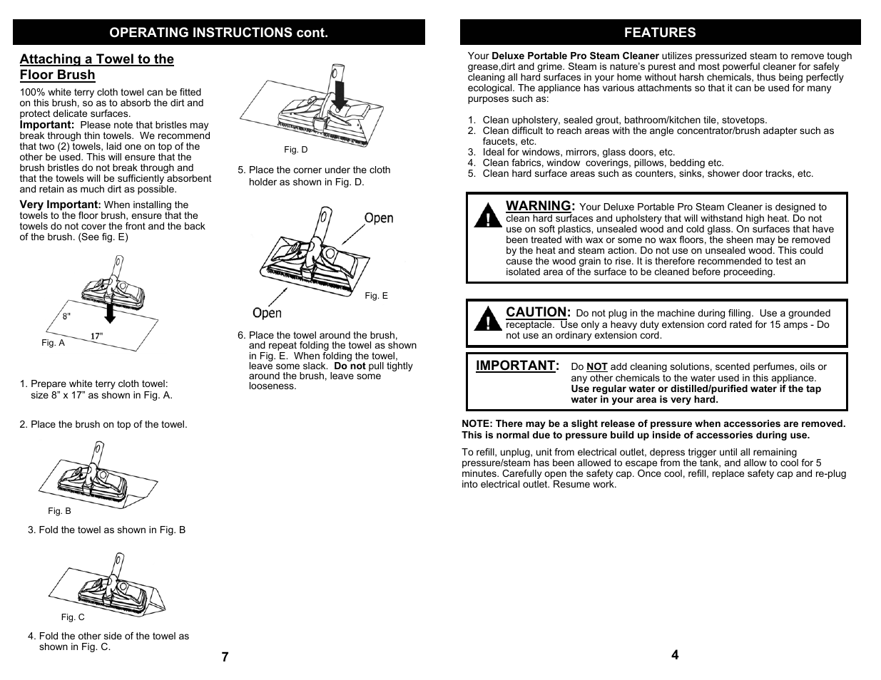 Operating instructions cont. features, Attaching a towel to the floor brush, Warning | Caution, Important | Euro-Pro SC505H User Manual | Page 5 / 6