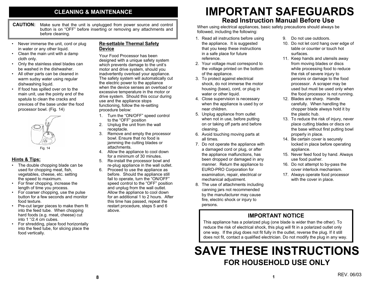 Save these instructions, Important safeguards, For household use only | Read instruction manual before use | Euro-Pro KP80S User Manual | Page 3 / 6