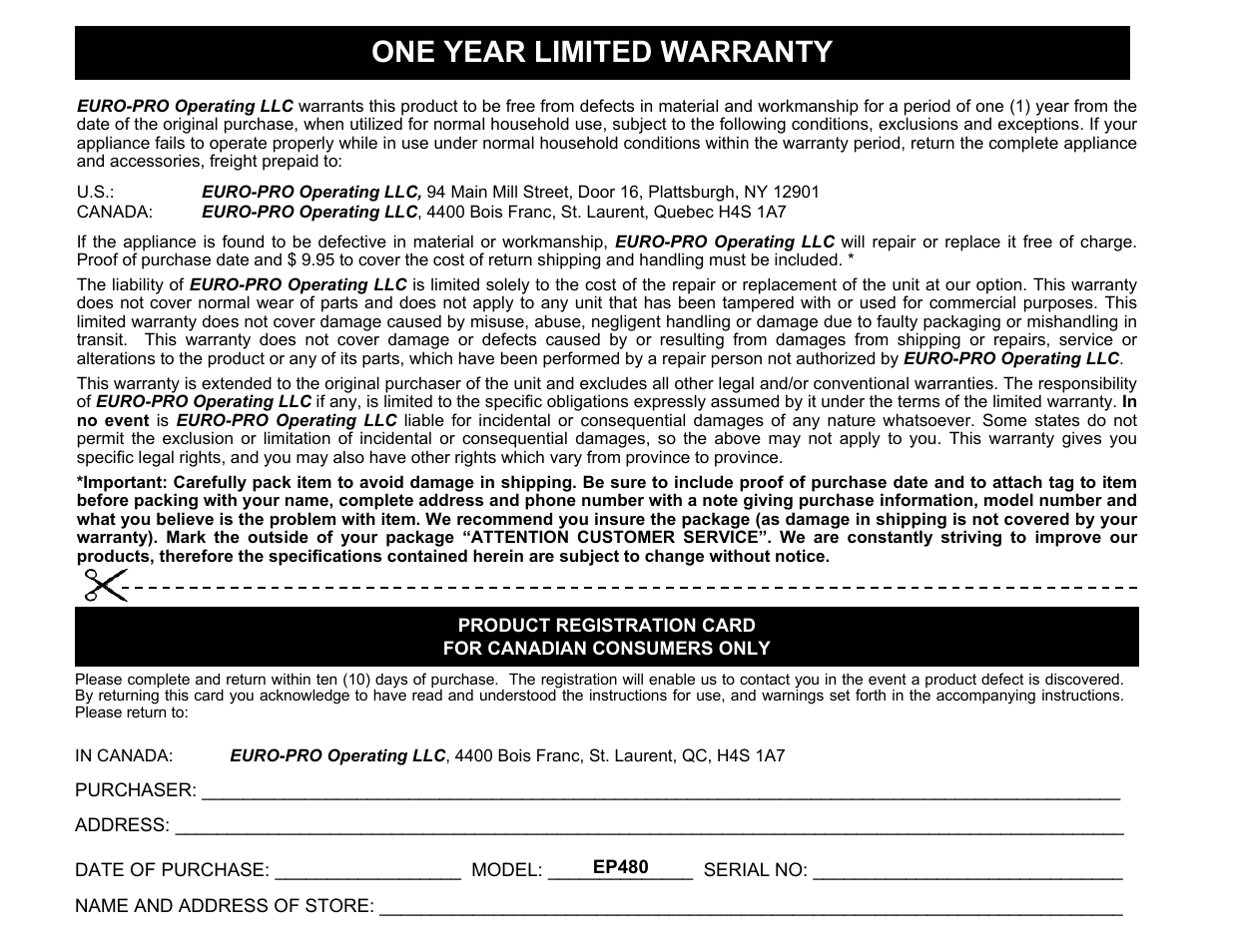 One year limited warranty | Euro-Pro EP480 User Manual | Page 16 / 16