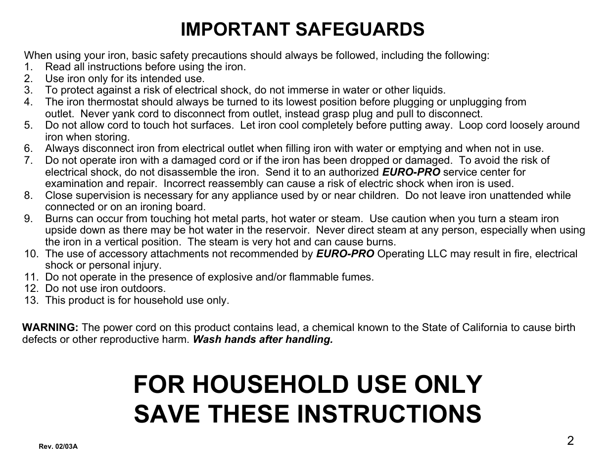 For household use only save these instructions, Important safeguards | Euro-Pro EP480 User Manual | Page 2 / 16