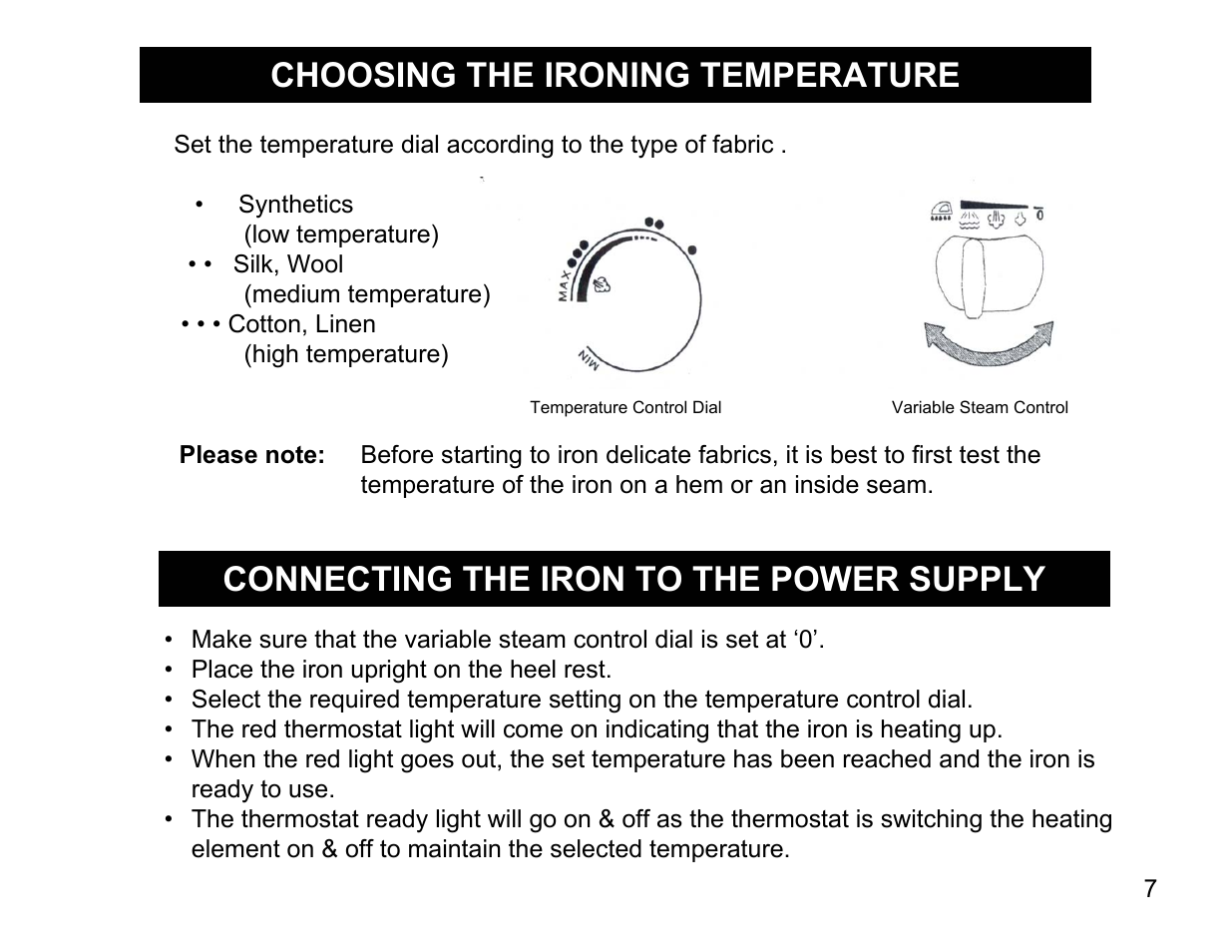 Choosing the ironing temperature, Connecting the iron to the power supply | Euro-Pro EP480 User Manual | Page 7 / 16