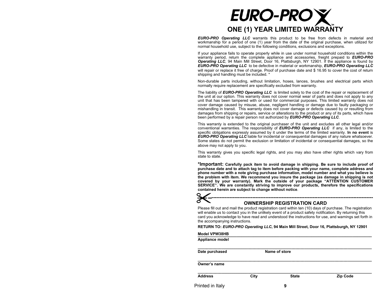 One (1) year limited warranty | Euro-Pro VPW38HB User Manual | Page 2 / 6