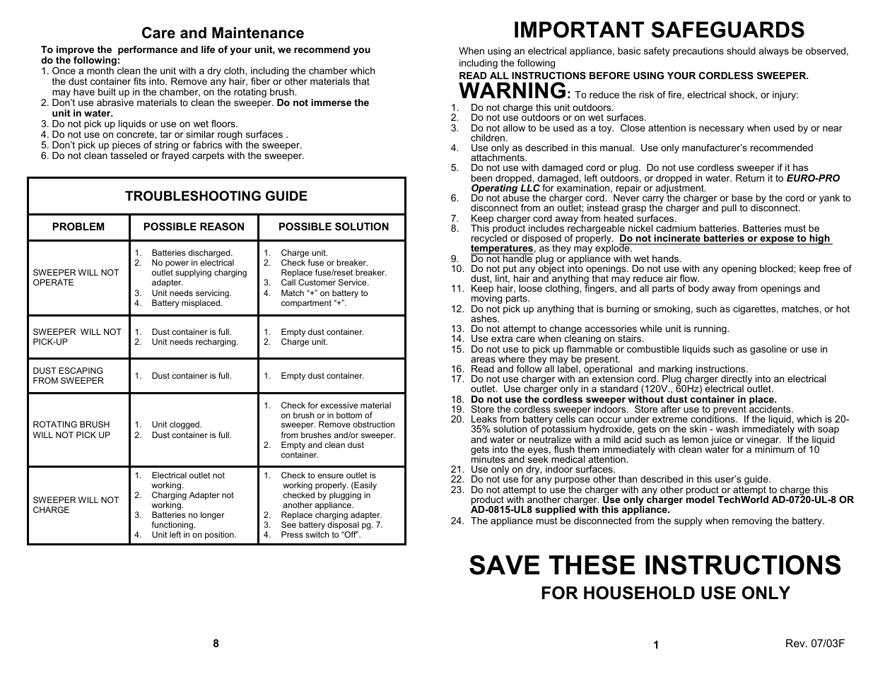 Save these instructions, Important safeguards, Warning | For household use only, Care and maintenance, Troubleshooting guide | Euro-Pro CORDLESS SWEEPER V1725H User Manual | Page 3 / 6