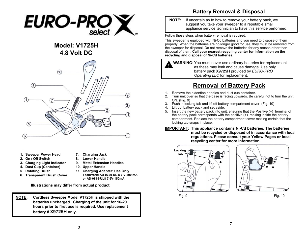 Removal of battery pack, Battery removal & disposal | Euro-Pro CORDLESS SWEEPER V1725H User Manual | Page 4 / 6