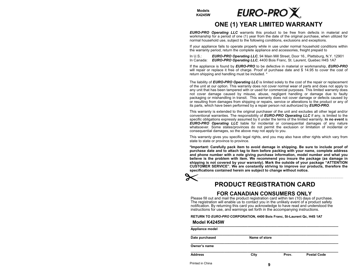 Product registration card, One (1) year limited warranty, For canadian consumers only | Euro-Pro K4245W User Manual | Page 2 / 6