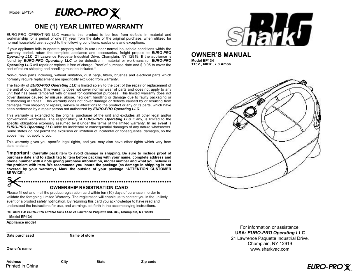 Euro-Pro BIG SHARK EP134 User Manual | 4 pages